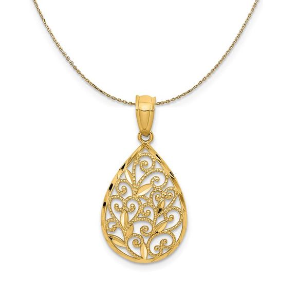 14k Yellow Gold Small Filigree Teardrop Necklace - 20 Inch